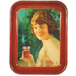 Coca-Cola serving tray, 1924, maroon rim, American Art Works, Coshocton, OH, VG condition.