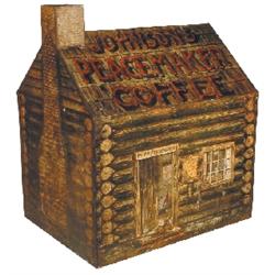 Bulk coffee bin, Johnson's Peacemaker, litho on tin log cabin, c.1915, hinged lift top, VG condition