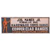 Image 1 : Copper-Clad Ranges embossed tin sign, Jos. Manier, Versailles, Ohio, shows The Copper Clad Crank, VG