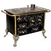 Image 1 : European cast iron & enamel stove, 3 burners w/6 enameled doors w/brass knobs & rail, desirable smal