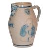 Stoneware Bavarian Alpine beer pitcher, one side shows climber leaning on his staff, other side has 
