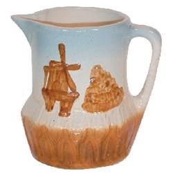 Blue & white stoneware pitcher w/brown details, Windmill & Bush, unusual & Exc. condition, 7"H.
