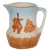 Image 1 : Blue & white stoneware pitcher w/brown details, Windmill & Bush, unusual & Exc. condition, 7"H.