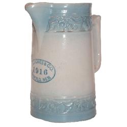 Red Wing stoneware Cherryband advertising pitcher for T.L. Jones & Co., 1916, Arnold, Neb., 3 minor 
