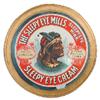 Image 1 : Sleepy Eye Cream barrel label, mounted on mirror, some creases & 2" repair on L. edge, 20.5"Dia. fra