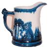 Image 1 : Sleepy Eye pitcher, white w/cobalt blue, tiny flea bite on spout, 2" faint hairline on back & chip o