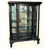 Image 1 : Oak curved glass china cabinet w/original finish, mirror back & glass shelves, footed center columns