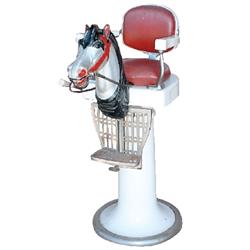 Child's horse head barber chair, mfgd. by Theo. A. Kochs Co., Chicago, porcelain w/wooden horse head