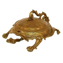 Cast iron turtle spittoon, ornate Victorian, brass plating, step on head to raise shell, replacement