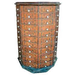 Revolving nut & bolt cabinet, 8 sided w/88 pie-shaped drawers w/porcelain knobs, Am. Nut & Bolt Case