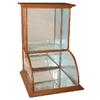 Image 1 : Single tower curved glass countertop showcase, oak, VG condition, 21.5"W x 32"H.