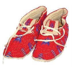 Northern Plains Indian-Sioux fully beaded moccasins, beautiful red, orange & blue seed beads cover e