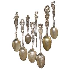 Sterling silver Indian spoons & knife (8); Kansas-1861, Colorado, Eureka, Utah, Chicago Art Institut