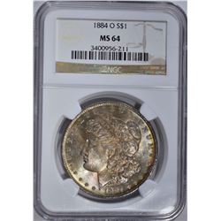 1884-O MORGAN DOLLAR, NGC MS-64  OBV COLOR