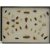 Image 1 : 38 artifacts in 12”x 16”x1” frame, includes 9 scrapers, 4 awls, 3 knives, 22 arrowheads, Knife River