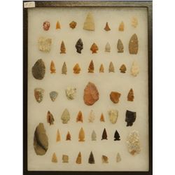 52 artifacts in 12”x 16”x1” frame, includes 9 scrapers, 1 awl, 7 knives, 35 arrowheads