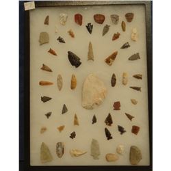 50 artifacts in 12”x 16”x1” frame, includes 10 scrapers, 4 awls, 10 knives, 26 arrowheads