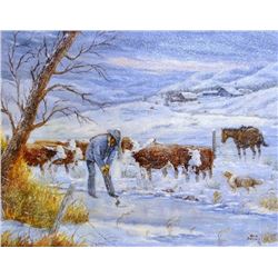 Dahlen, Oris , oil, 18” x 24”, Rancher Chopping Ice for Cattle