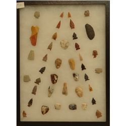 40 artifacts in 12”x 16”x1” frame, includes 11 scrapers, 3 knives, 26 arrowheads