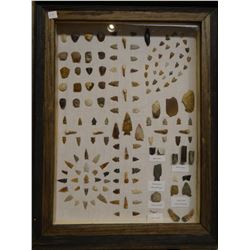 138 artifacts, in 20  x 26  frame, arrowheads, scrapers, knives, buffalo teeth, rattle snake rattles