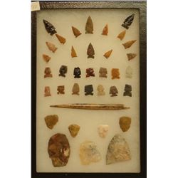 36 artifacts in 8”x 12”x1” frame, includes 4 scrapers, 3 knives, 28 arrowheads, 1 bone awl, highly p