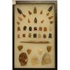 Image 1 : 36 artifacts in 8”x 12”x1” frame, includes 4 scrapers, 3 knives, 28 arrowheads, 1 bone awl, highly p