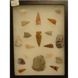 19 artifacts in 6”x 8”x1” frame, includes 4 scrapers, 1 knife, 14 arrowheads