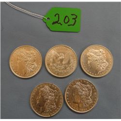 5 Morgan dollars, 1879, 1882-O, 1887, 1896,  1902