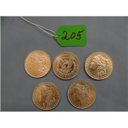 5 Morgan dollars, 1886, 1888, 1889, 1899-O, 1901-O