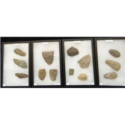 Paleo – Indian artifacts, 4 small cases, knives, scrapers, all from Missouri River tribes, S. Dak.