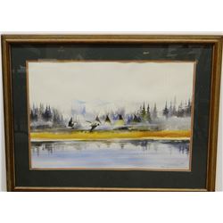 Cuts The Rope, Clarence, watercolor, Indian Camp, Geese on the Lake, 16" x 24", framed, slight moist