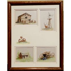 Michael, Judy  4 original acrylic paintings, Homestead Days, all 3" x 4", framed as set