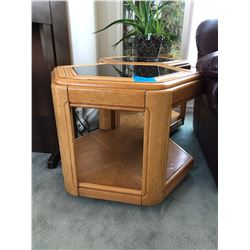 2 Hex Style Oak End Tables w/Glass Inserts