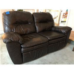2 Seater Brown Leather Recliner (Loveseat) w/Wood Coffee, 2 End Tables w/Bottom Shelves, Matching Re