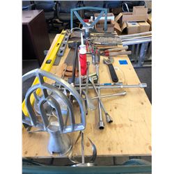 Tire Wrench, Elec Fan/Hammers/Saw/6' & 2' Levels/Files/Large Crescent Wrench Plus Misc. Tools