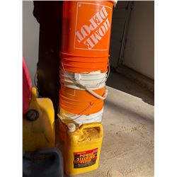 5 Gas Cans/Stack of Pails/Assorted Partial Jugs of Antifreeze, Oil, Fuel Conditioner, etc.