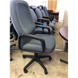6 Grey Upholstered Office Chairs (4 Are Adjustable on Wheels and 2 are Reception Chairs)