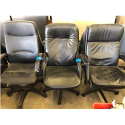 3 Black Leather Office Chairs on Wheels (one w/small Rips)
