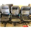 Image 1 : 3 Black Leather Office Chairs on Wheels (one w/small Rips)