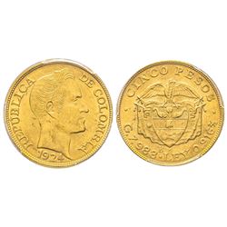 Colombia, 5 Pesos, Bogota, 1924, AU 7.98 g. Ref : Fr. 113, KM#201.1, Restrepo 454.21 (B Lt of Center