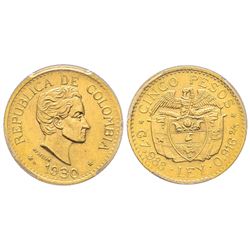 Colombia, 5 Pesos, Medellin, 1930, AU 7.98 g. Ref : Fr. 115, KM#201.1, Restrepo 455.9   Conservation