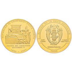 Colombia, 30000 Pesos, 1980, Mort de Bolivar,  AU 34.58 g. 900‰ Ref : Fr. 141, KM#269  Conservation 