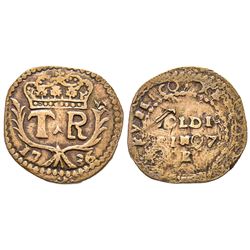 Corsica (Kingdom of), Théodore de Neuhof 1736 5 soldi, Orezza, 1736, Cu 3.30 g. Avers : dans un cerc