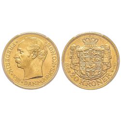 Danemark, Frederik VIII 1906-1912 20 Kroner, 1908 VBP, AU 8.96 g. Ref : Fr. 297, KM#810  Conservatio