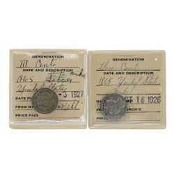 Lot of (2) 1865 Three Cent Nickel Coins in Old Flip