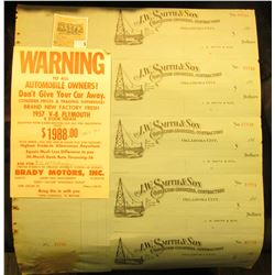 J.W. Smith & Son…Oklahoma City, ___ 191- era Checks with Stubs; & Brady Motors (Des Moines, Ia.) 195
