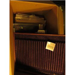 Box of supplies related to Coins, Stamps, currency, and etc. Includes numerous plastic pages and a n