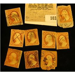 A nice selection of 9 either Scott # 10 or #11, 3c Washington, carmine with various cancels. A nice 