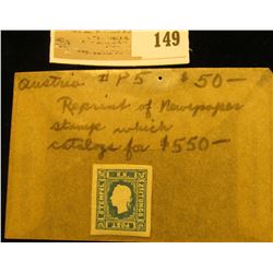 Austria # P5 Reprint of Newspaper Stamp which catalogs for $550.00
