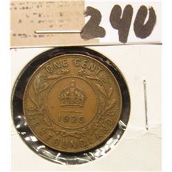 1920 Newfoundland One Cent, Very Fine.